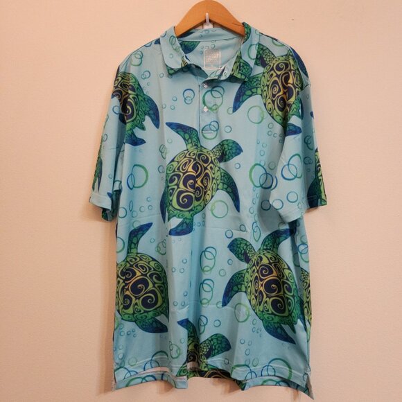 Super Tech Polo Shirt Men XL Turtle Print Short Sleeve Performance Golf - Picture 1 of 10